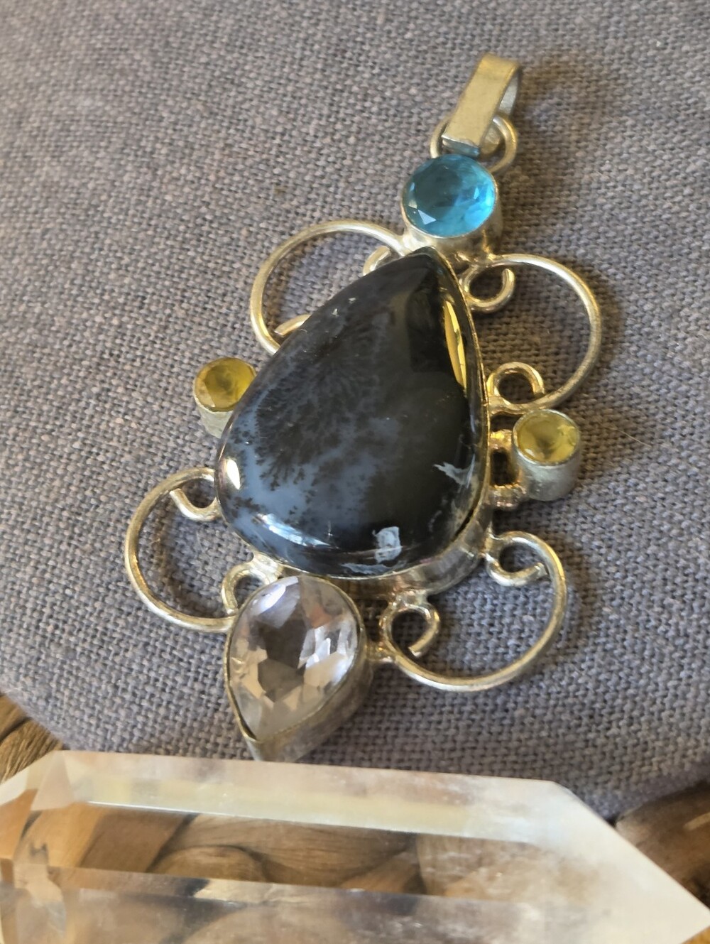 Multi-Gem Teardrop Pendant - Black, Blue, Yellow, Clear Crystal Stones